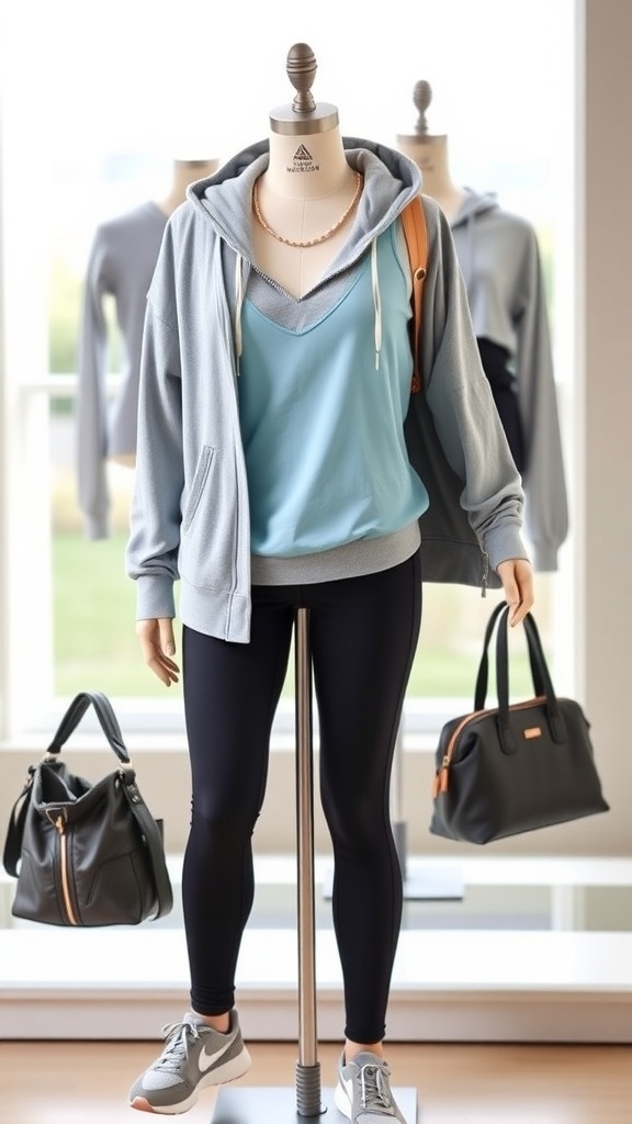 A fashionable yoga pants outfit with black pants, blue tank top, and hoodie, displayed with sneakers and a gym bag.